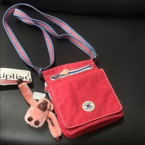 Kipling Vibrant‎ Red Crossbody Bag with Fun Monkey Charm